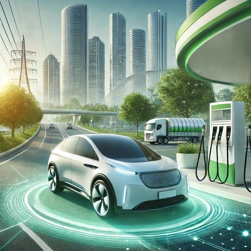 DALL·E 2025-02-26 14.54.42 – A futuristic cityscape with a focus on eco-friendly transportation, featuring a sleek CNG-powered car at a fueling station. The background includes a DALL·E 2025-02-26 14.54.42 - A futuristic cityscape with a focus on eco-friendly transportation, featuring a sleek CNG-powered car at a fueling station. The background includes a